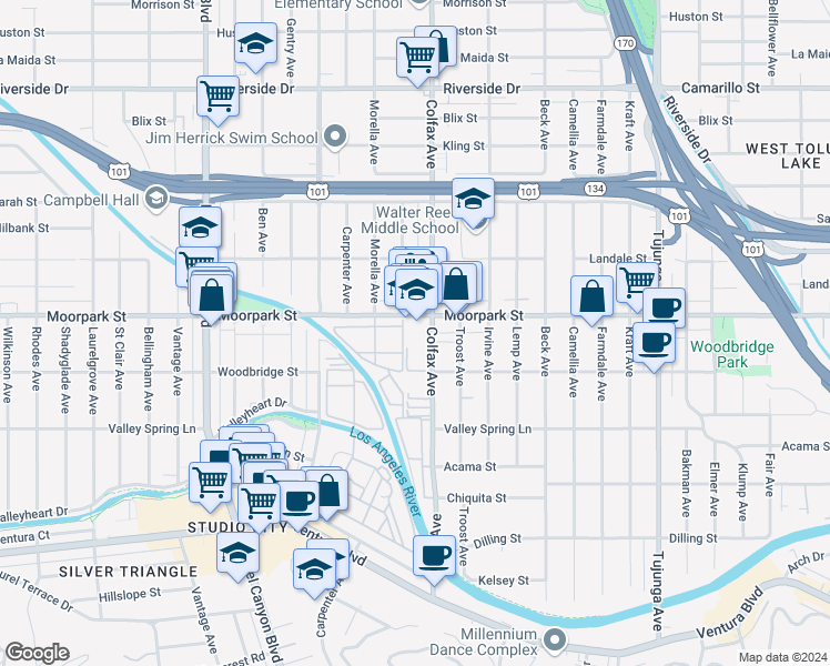 map of restaurants, bars, coffee shops, grocery stores, and more near 11735 Moorpark Street in Los Angeles