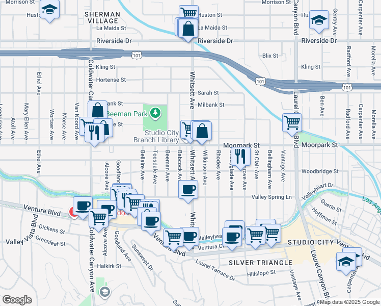 map of restaurants, bars, coffee shops, grocery stores, and more near 12511 Moorpark Street in Los Angeles