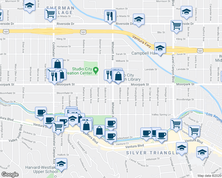 map of restaurants, bars, coffee shops, grocery stores, and more near 12511 Moorpark Street in Los Angeles