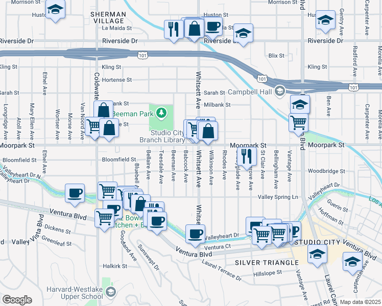 map of restaurants, bars, coffee shops, grocery stores, and more near 12511 Moorpark Street in Los Angeles