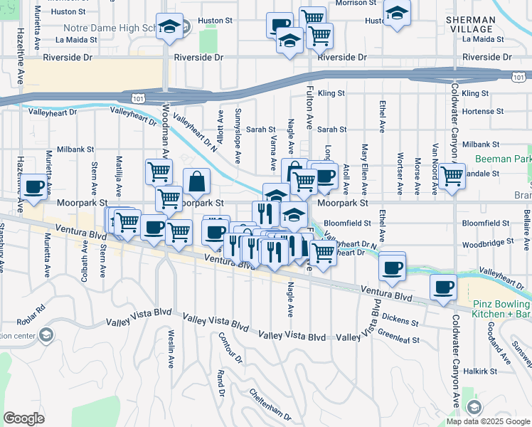 map of restaurants, bars, coffee shops, grocery stores, and more near 13411 Moorpark Street in Los Angeles