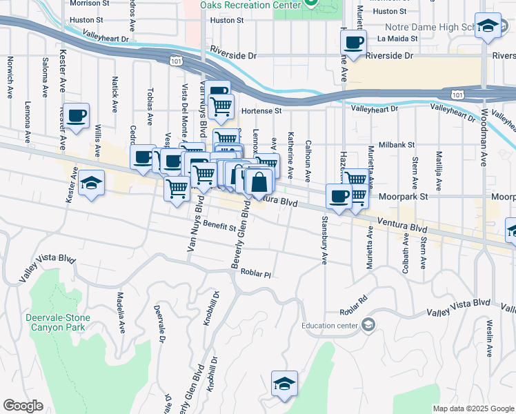 map of restaurants, bars, coffee shops, grocery stores, and more near 14396 Ventura Boulevard in Los Angeles