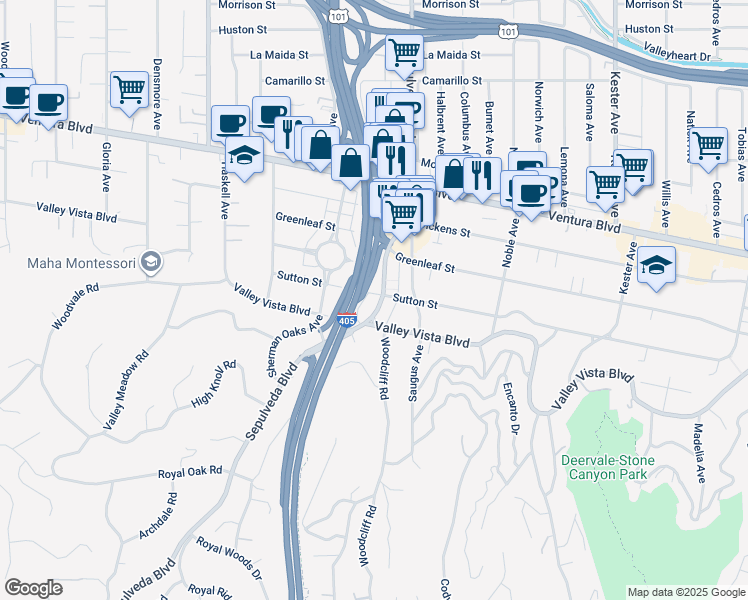 map of restaurants, bars, coffee shops, grocery stores, and more near 15347 Sutton Street in Los Angeles