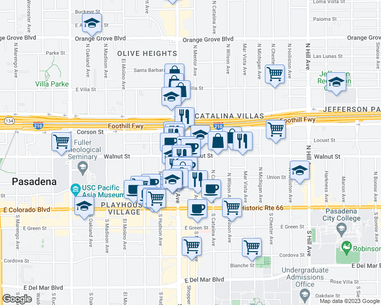 map of restaurants, bars, coffee shops, grocery stores, and more near 955 Locust Street in Pasadena