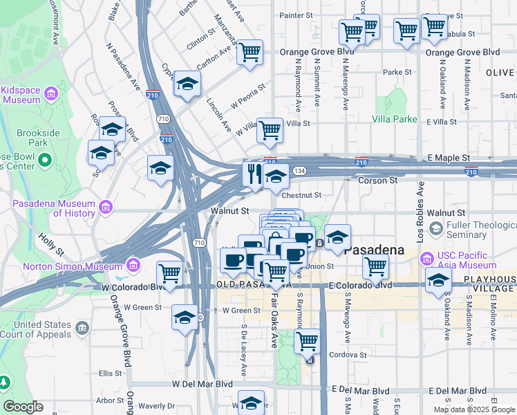 map of restaurants, bars, coffee shops, grocery stores, and more near 75 West Walnut Street in Pasadena