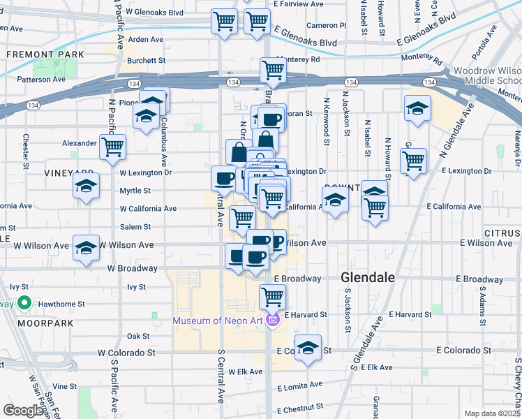 map of restaurants, bars, coffee shops, grocery stores, and more near 106 West California Avenue in Glendale
