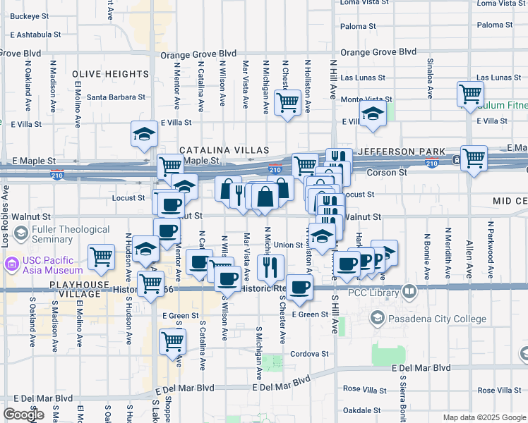 map of restaurants, bars, coffee shops, grocery stores, and more near 256 North Michigan Avenue in Pasadena