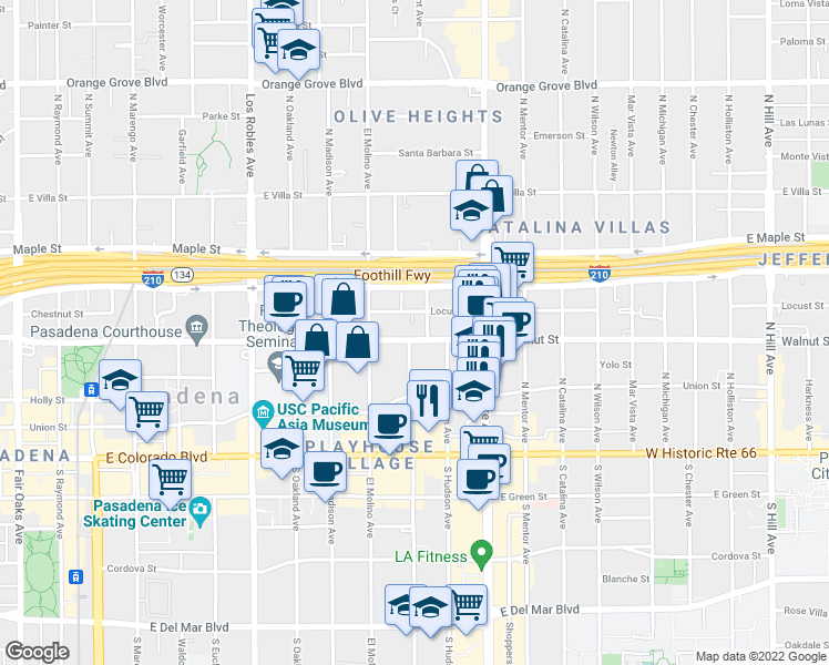 map of restaurants, bars, coffee shops, grocery stores, and more near 739 East Walnut Street in Pasadena