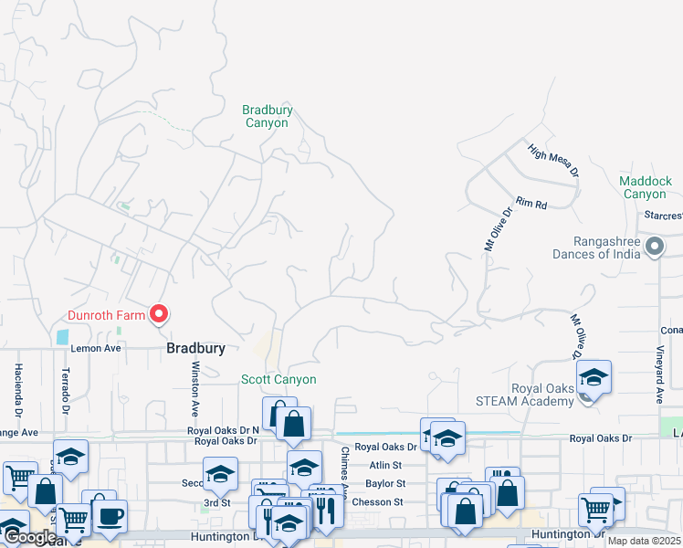 map of restaurants, bars, coffee shops, grocery stores, and more near 15 Woodlyn Lane in Bradbury
