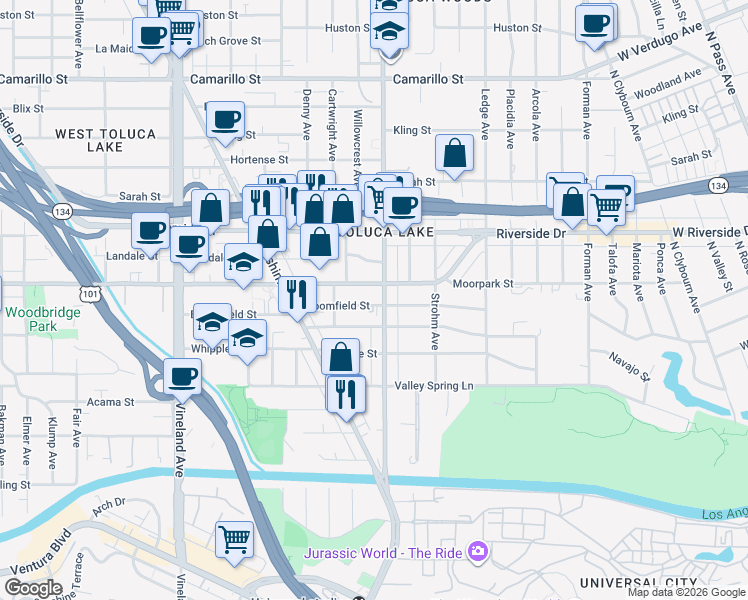 map of restaurants, bars, coffee shops, grocery stores, and more near 10609 Bloomfield Street in Los Angeles