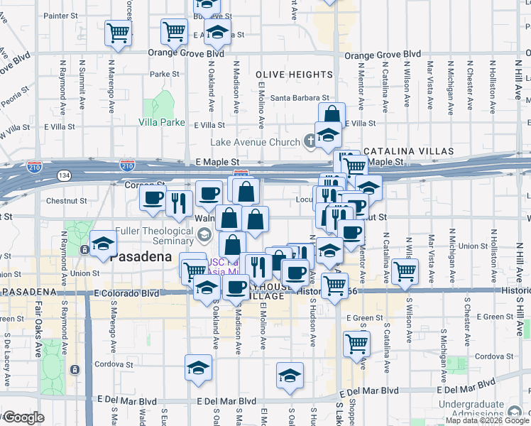 map of restaurants, bars, coffee shops, grocery stores, and more near 709 East Walnut Street in Pasadena