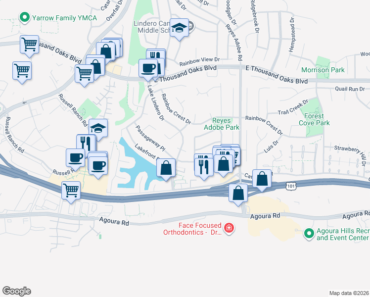 map of restaurants, bars, coffee shops, grocery stores, and more near 5465 Lake Lindero Drive in Agoura Hills