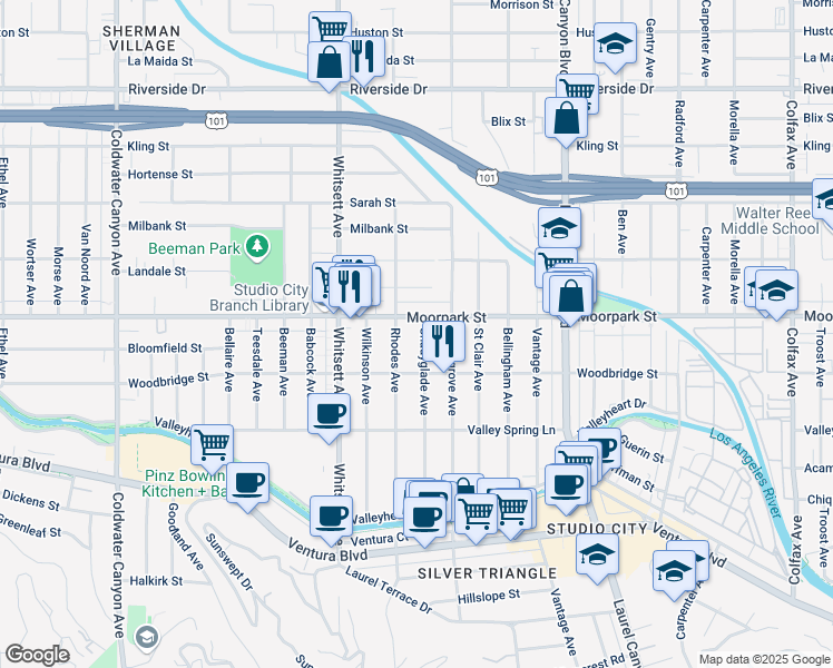 map of restaurants, bars, coffee shops, grocery stores, and more near 4343 Shadyglade Avenue in Los Angeles