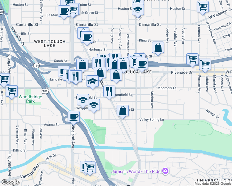 map of restaurants, bars, coffee shops, grocery stores, and more near 10717 Bloomfield Street in Los Angeles