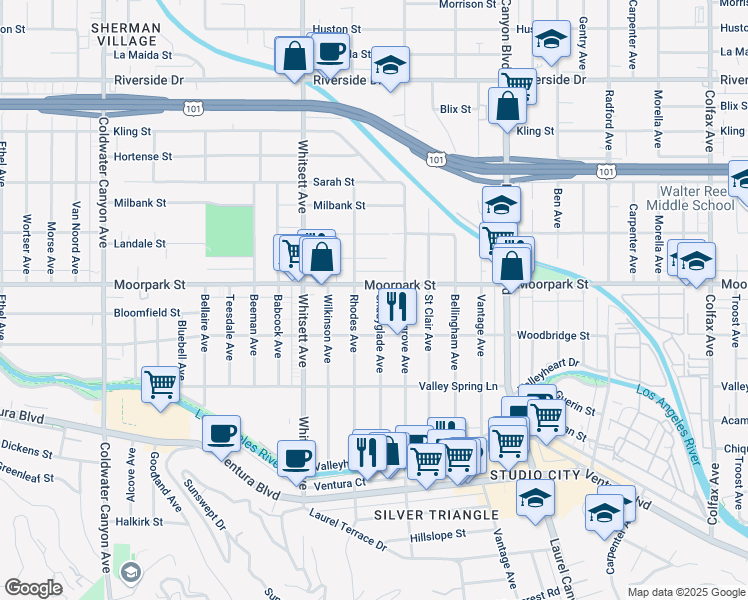 map of restaurants, bars, coffee shops, grocery stores, and more near 4343 Shadyglade Avenue in Los Angeles