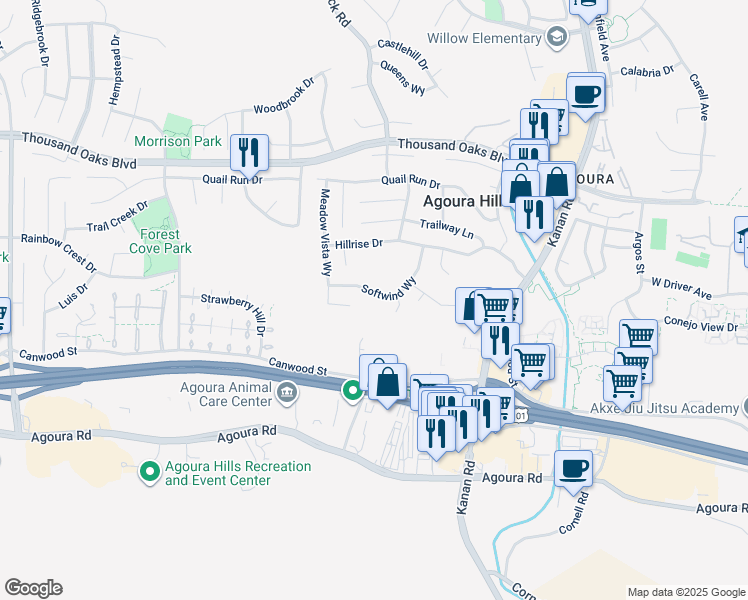 map of restaurants, bars, coffee shops, grocery stores, and more near 5458 Softwind Way in Agoura Hills