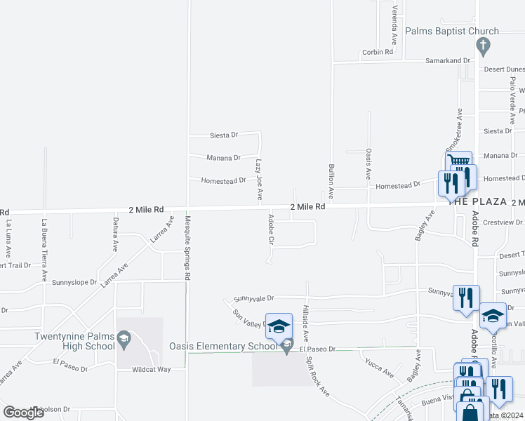map of restaurants, bars, coffee shops, grocery stores, and more near 73101 2 Mile Road in Twentynine Palms