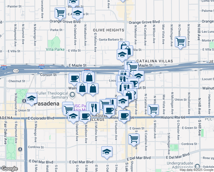 map of restaurants, bars, coffee shops, grocery stores, and more near 713 Locust Street in Pasadena
