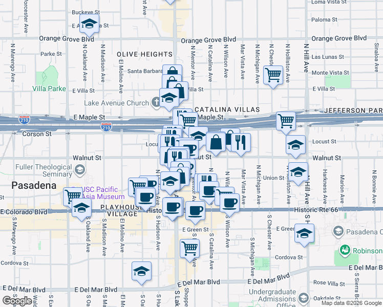 map of restaurants, bars, coffee shops, grocery stores, and more near 931 East Walnut Street in Pasadena