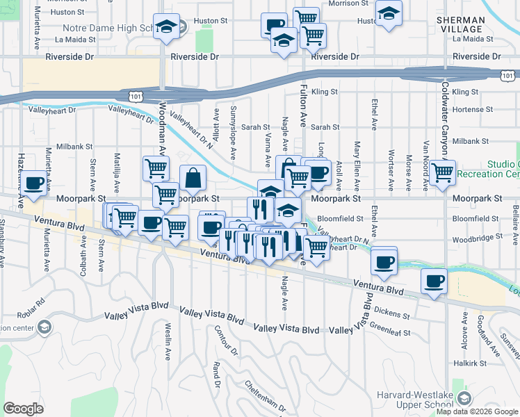 map of restaurants, bars, coffee shops, grocery stores, and more near 4333 Dixie Canyon Avenue in Los Angeles