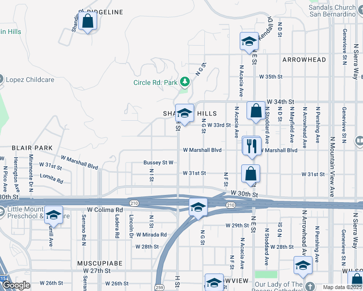 map of restaurants, bars, coffee shops, grocery stores, and more near 782 West Marshall Boulevard in San Bernardino