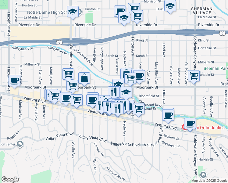 map of restaurants, bars, coffee shops, grocery stores, and more near 4337 Dixie Canyon Avenue in Los Angeles
