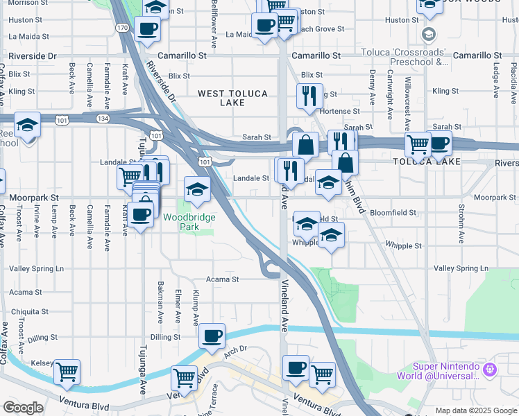 map of restaurants, bars, coffee shops, grocery stores, and more near 11036 Moorpark Street in Los Angeles