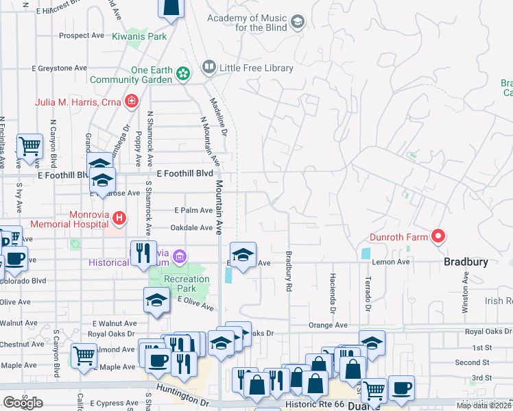 map of restaurants, bars, coffee shops, grocery stores, and more near 1017 Oakleaf Avenue East in Monrovia