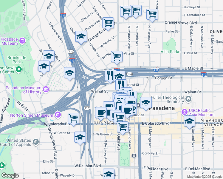 map of restaurants, bars, coffee shops, grocery stores, and more near in Pasadena