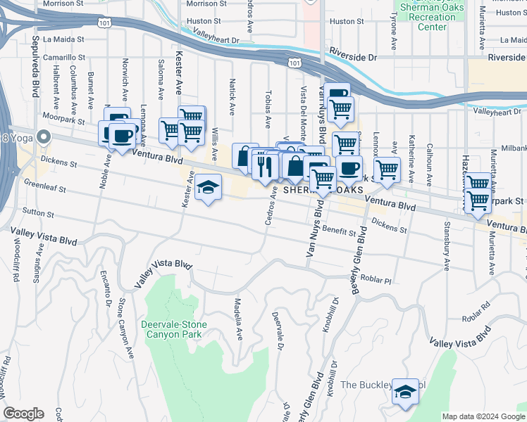 map of restaurants, bars, coffee shops, grocery stores, and more near 4307 Cedros Avenue in Los Angeles