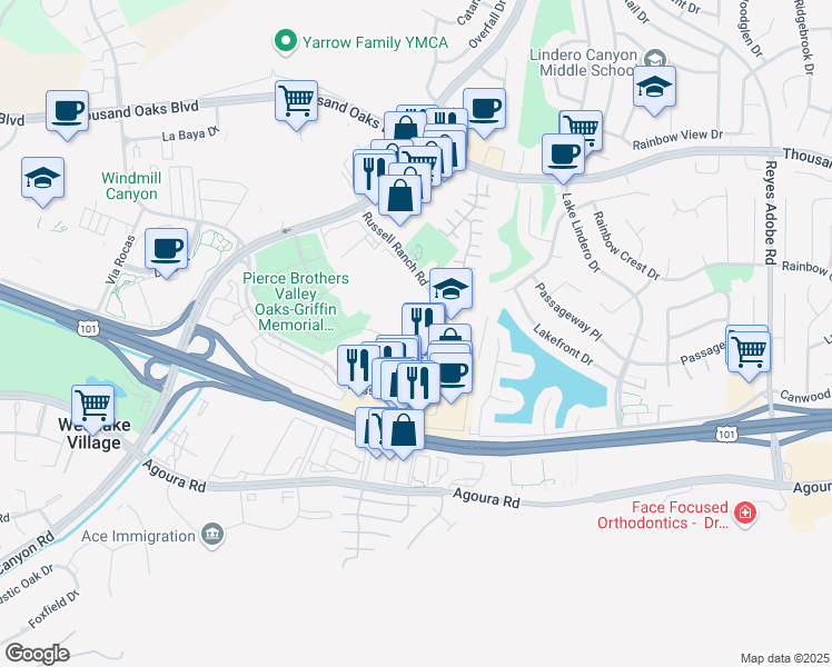 map of restaurants, bars, coffee shops, grocery stores, and more near 30721 Russell Ranch Road in Westlake Village