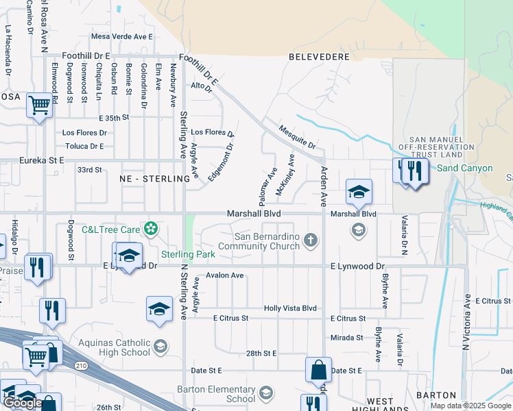 map of restaurants, bars, coffee shops, grocery stores, and more near 5724 Palomar Avenue in San Bernardino