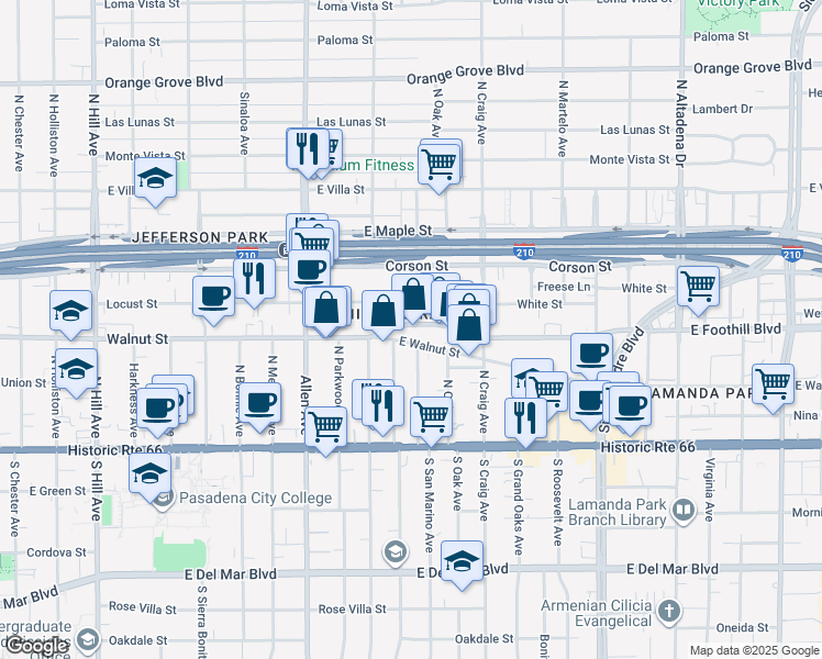 map of restaurants, bars, coffee shops, grocery stores, and more near 2006 East Foothill Boulevard in Pasadena