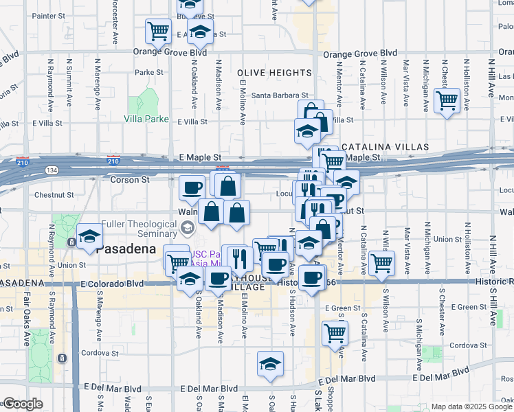map of restaurants, bars, coffee shops, grocery stores, and more near 709 East Walnut Street in Pasadena