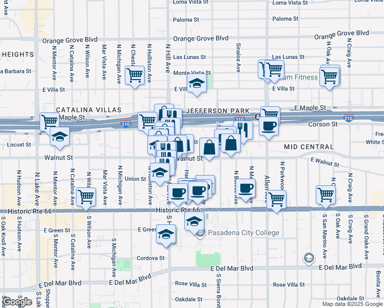 map of restaurants, bars, coffee shops, grocery stores, and more near 1522 Locust Street in Pasadena