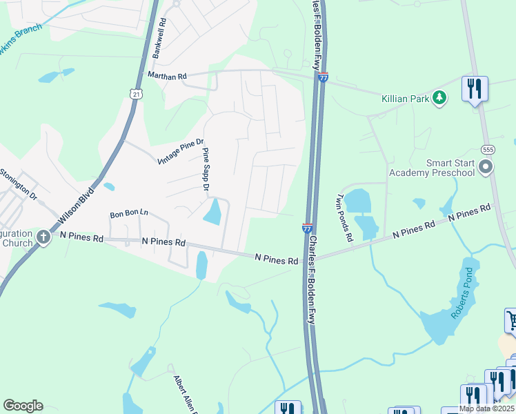 map of restaurants, bars, coffee shops, grocery stores, and more near 505 Hatteras Drive in Blythewood
