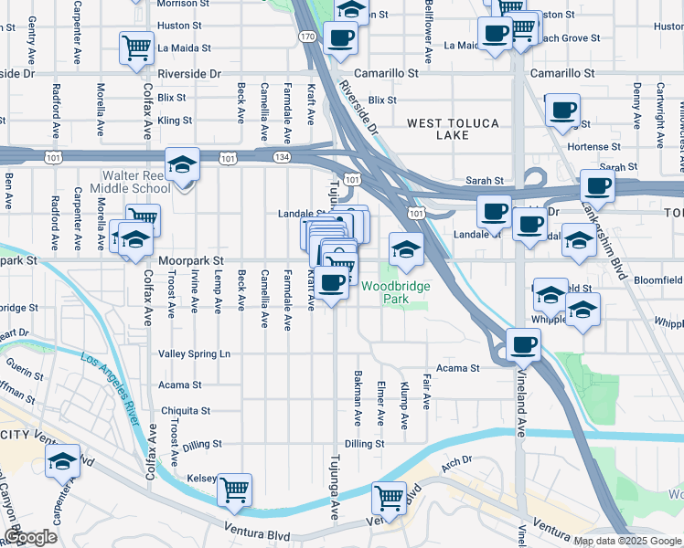 map of restaurants, bars, coffee shops, grocery stores, and more near 4383 Tujunga Avenue in Los Angeles