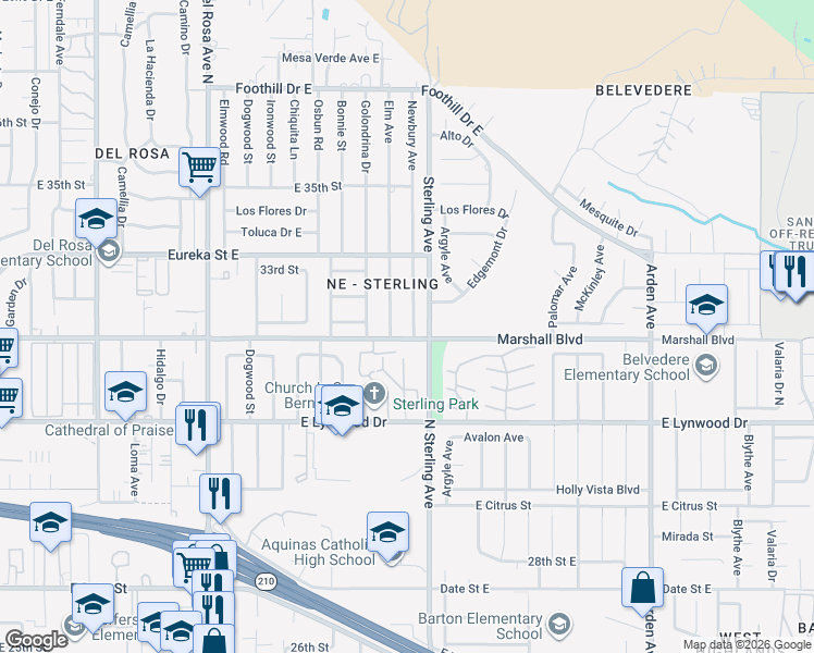 map of restaurants, bars, coffee shops, grocery stores, and more near 5728 Newbury Avenue in San Bernardino