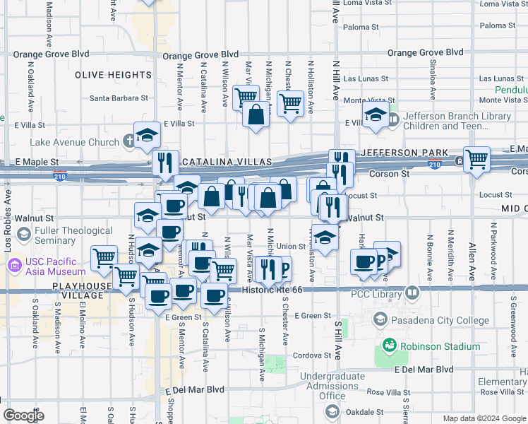map of restaurants, bars, coffee shops, grocery stores, and more near 1191 East Walnut Street in Pasadena