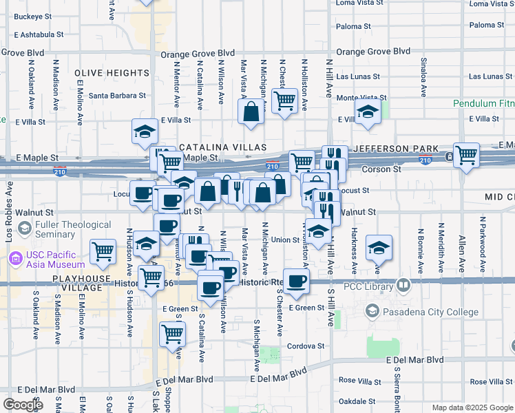 map of restaurants, bars, coffee shops, grocery stores, and more near 1191 East Walnut Street in Pasadena