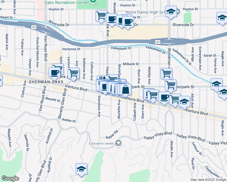 map of restaurants, bars, coffee shops, grocery stores, and more near 14025 Moorpark Street in Los Angeles