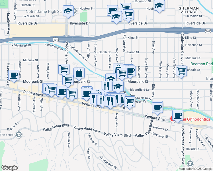 map of restaurants, bars, coffee shops, grocery stores, and more near 4337 Dixie Canyon Avenue in Los Angeles