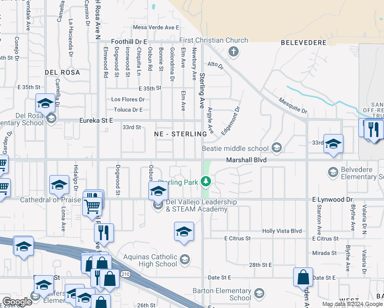 map of restaurants, bars, coffee shops, grocery stores, and more near 5728 Newbury Avenue in San Bernardino