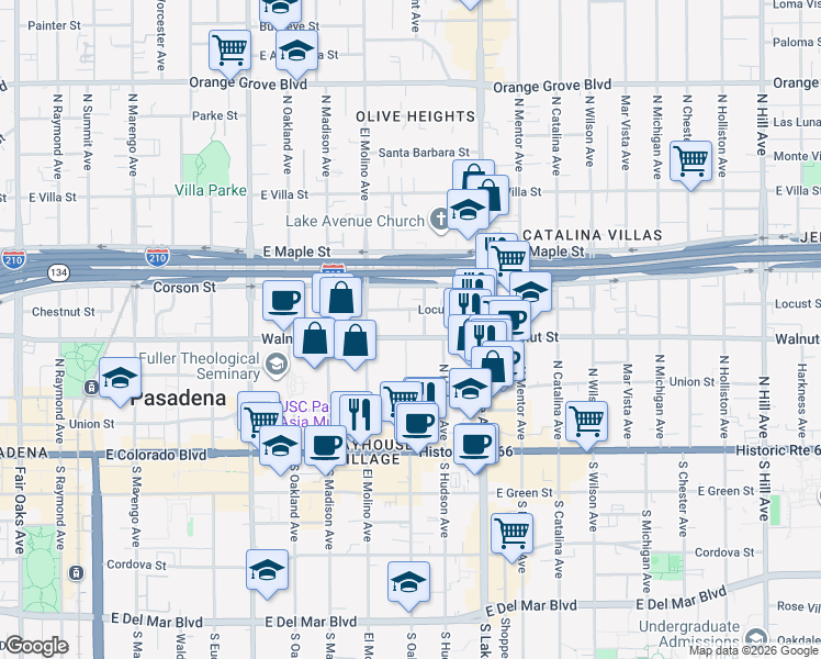 map of restaurants, bars, coffee shops, grocery stores, and more near 739 East Walnut Street in Pasadena