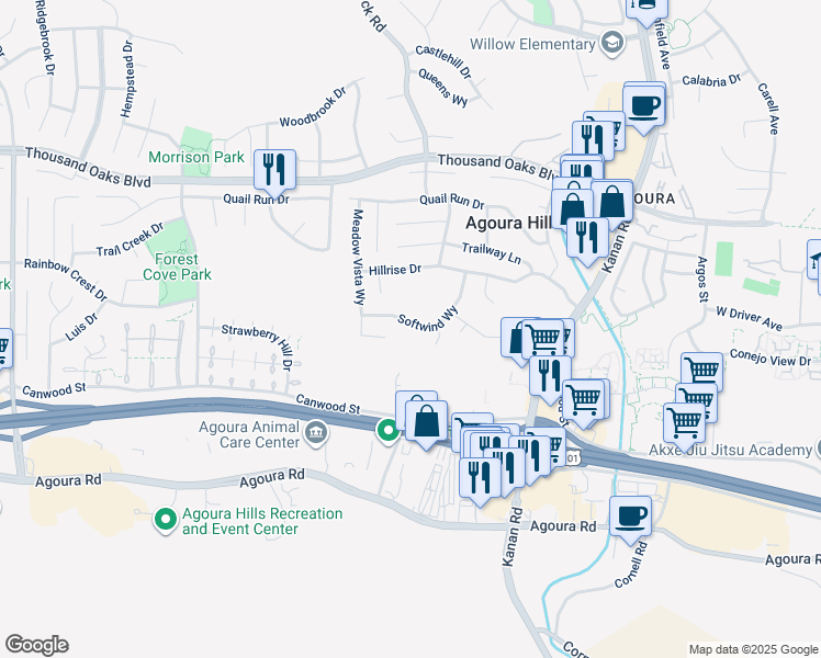 map of restaurants, bars, coffee shops, grocery stores, and more near 5458 Softwind Way in Agoura Hills