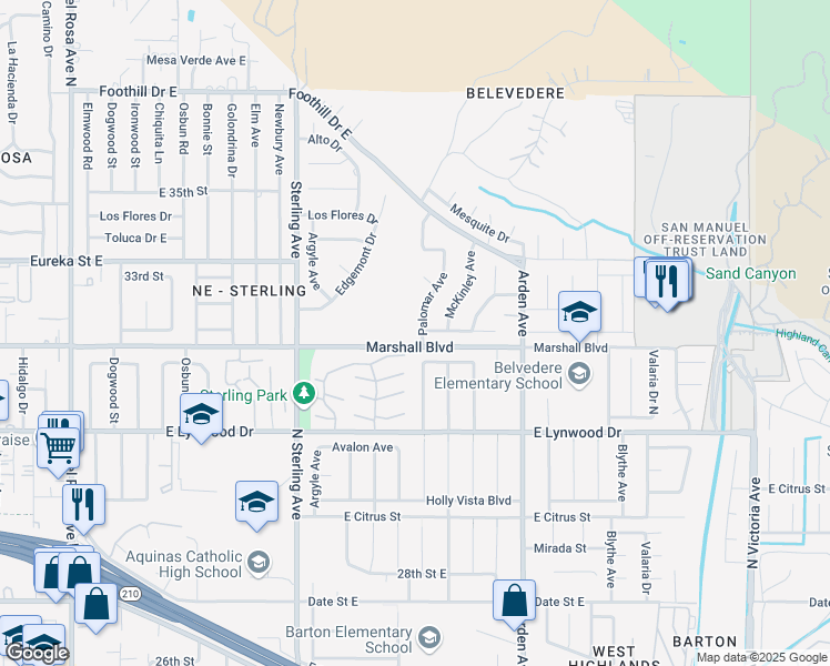 map of restaurants, bars, coffee shops, grocery stores, and more near 5724 Palomar Avenue in San Bernardino