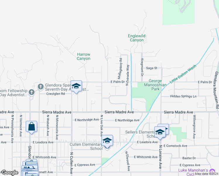 map of restaurants, bars, coffee shops, grocery stores, and more near 734 East Calabria Drive in Glendora