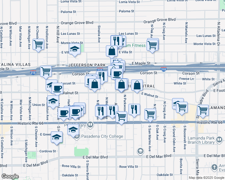 map of restaurants, bars, coffee shops, grocery stores, and more near 260 Allen Avenue in Pasadena