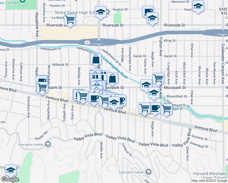 map of restaurants, bars, coffee shops, grocery stores, and more near 4360 Ventura Canyon Avenue in Los Angeles