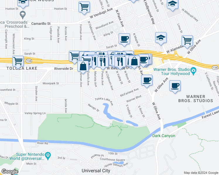 map of restaurants, bars, coffee shops, grocery stores, and more near 4359 Clybourn Avenue in Los Angeles